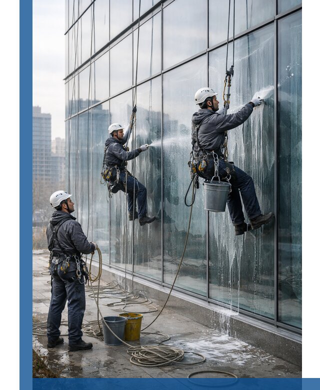 Промышленная мойка панорамных окон на высоте в Серове