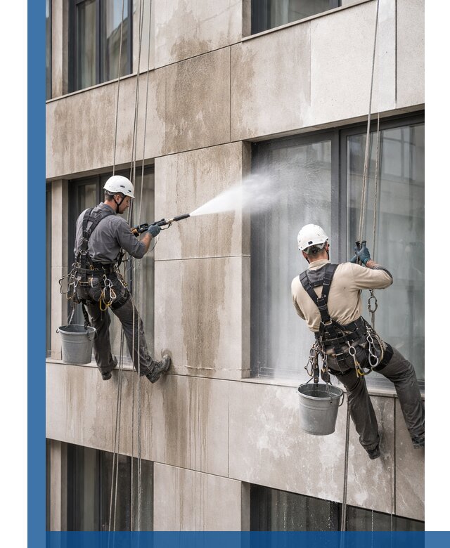 Послестроительная мойка фасада промышленным альпинизмом в Серове