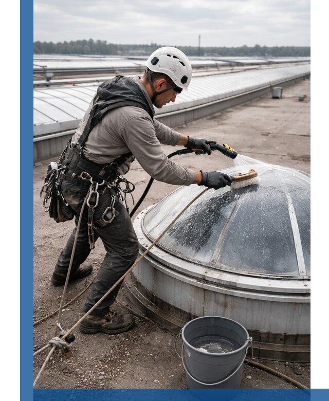 Мойка зенитных фонарей на кровле для промышленных объектов в Серове