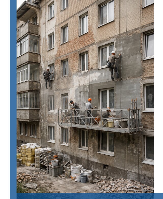 Капитальный ремонт фасада в Серове с восстановлением и гидроизоляцией