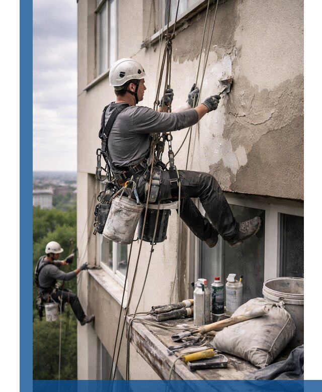 Косметический ремонт фасада зданий в Серове промышленными альпинистами