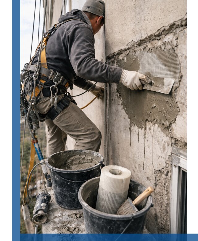 Ремонт бетонных элементов фасада промышленными альпинистами в Серове