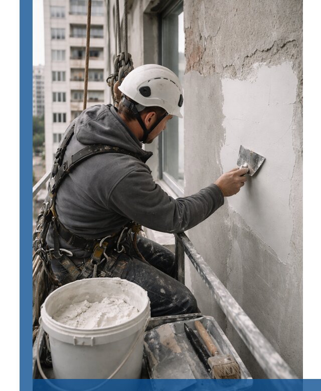 Шпаклевка фасадов на высоте с промальпинистами в Серове