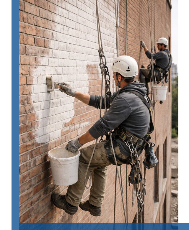 Покраска кирпичного фасада с доступным альпинистским сервисом в Серове