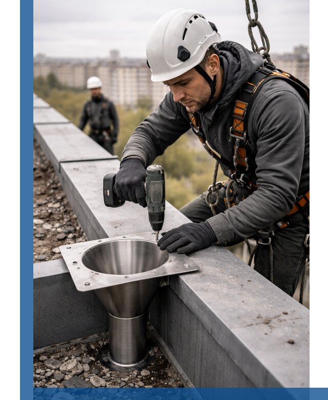 Монтаж водосточных воронок в Серове для промышленных зданий