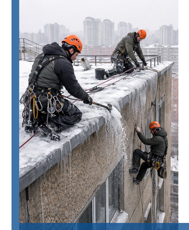 Удаление наледи с кровли в Серове промышленными альпинистами