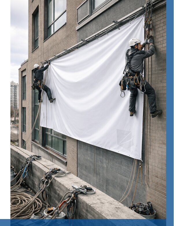 Монтаж баннеров на фасаде в Серове от 663 р. заказать ВЫСОТНИК-Срв