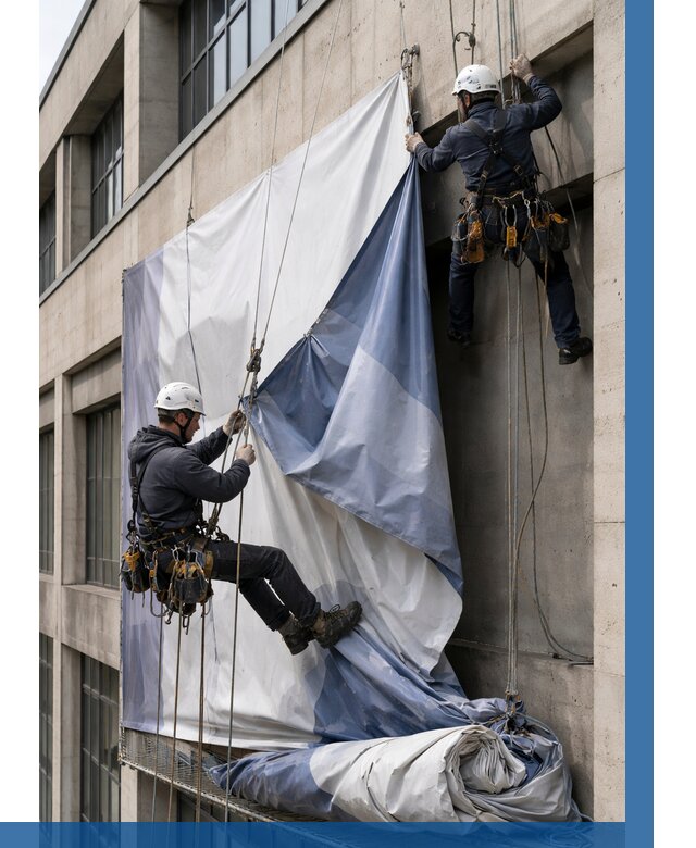 Демонтаж баннеров с фасада в Серове от 4591 р. | ВЫСОТНИК-Срв