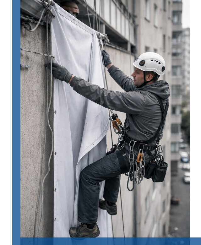 Замена баннерного полотна промышленными альпинистами в Серове
