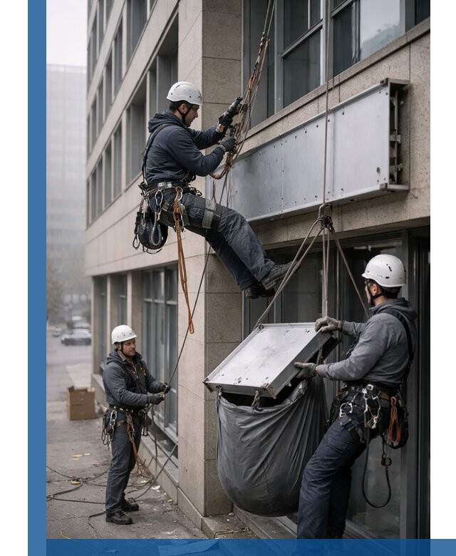 Демонтаж рекламной вывески с высотными работами в Серове