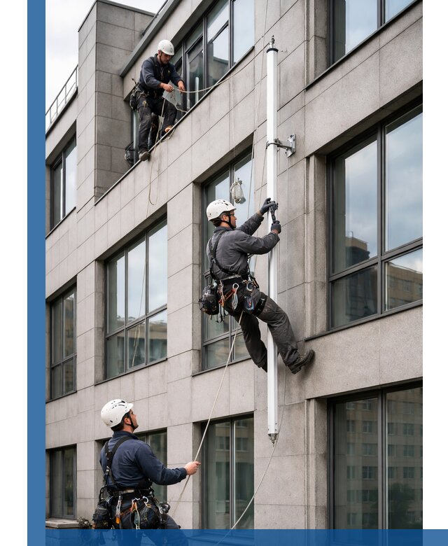 Монтаж флагштока на фасаде здания с креплением и герметикой в Серове