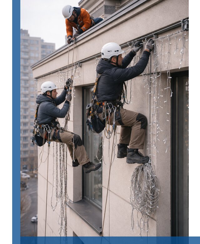 Монтаж праздничных гирлянд на фасаде в Серове для зданий