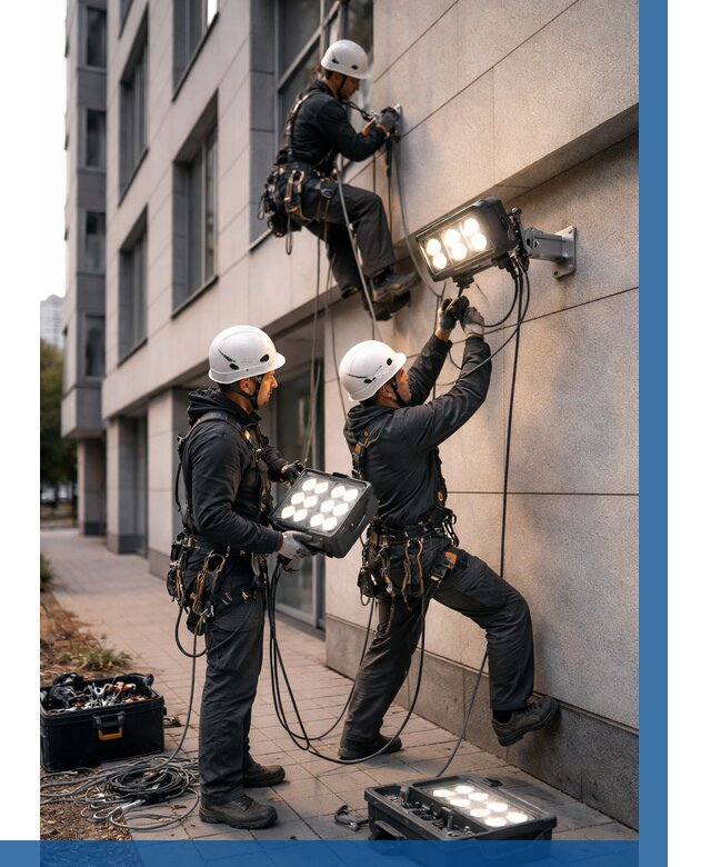 Монтаж прожекторов на фасаде в Серове от 7652 р. | ВЫСОТНИК-Срв