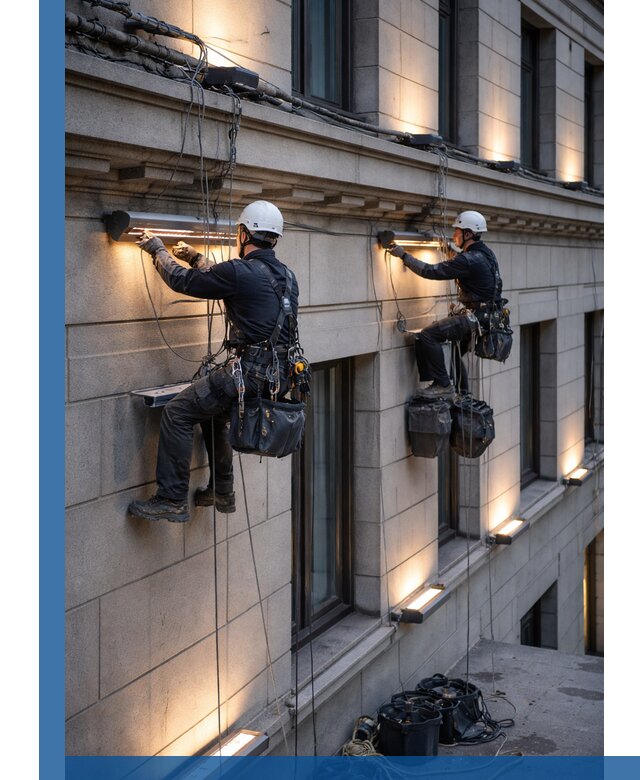 Монтаж архитектурной подсветки фасадов зданий в Серове