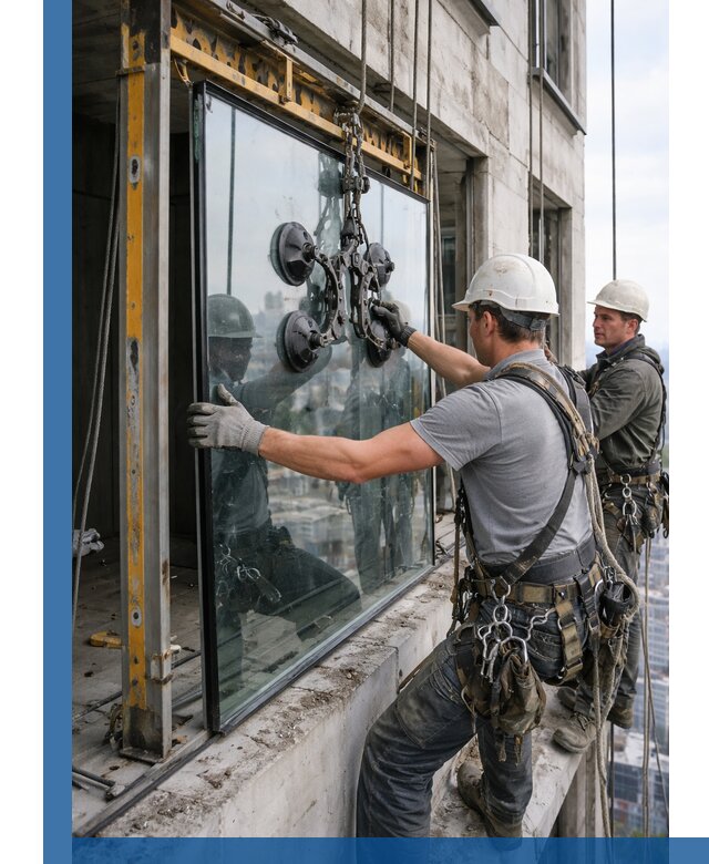 Монтаж стеклопакетов на высоте в Серове с промышленным альпинизмом