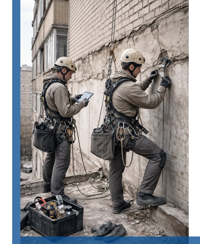 Обследование фасада промышленными альпинистами в Серове